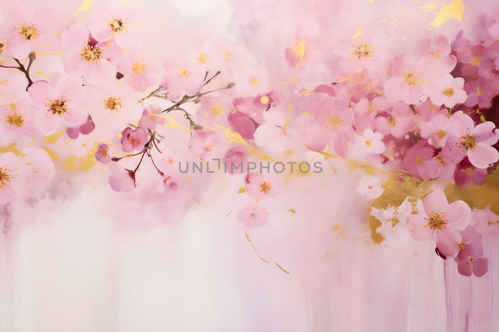 Vibrant cherry blossoms in shades of pink create a serene and uplifting atmosphere, blending softly with golden accents.