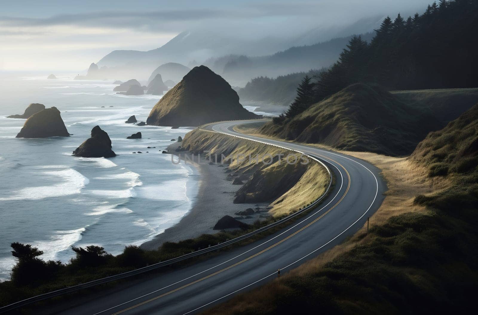 A winding coastal highway hugs the shoreline, with misty mountains and rocky formations in the background during early morning light.