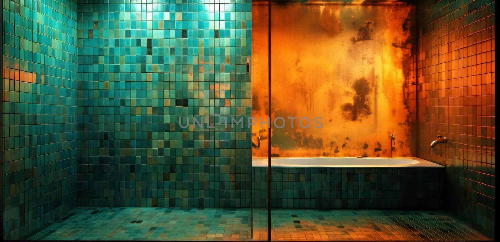 A modern bathroom showcases vibrant turquoise tiles and a striking orange wall.