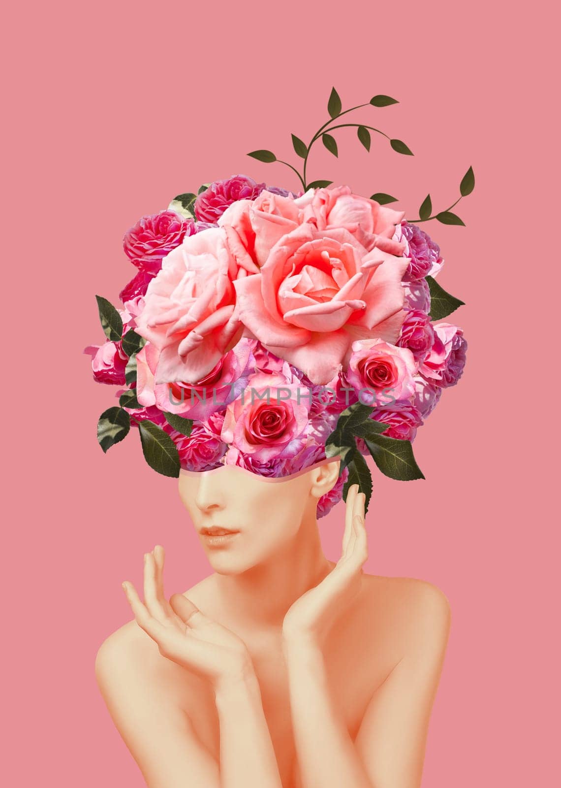 Abstract contemporary art design or portrait of young woman with flowers on face hides her eyes