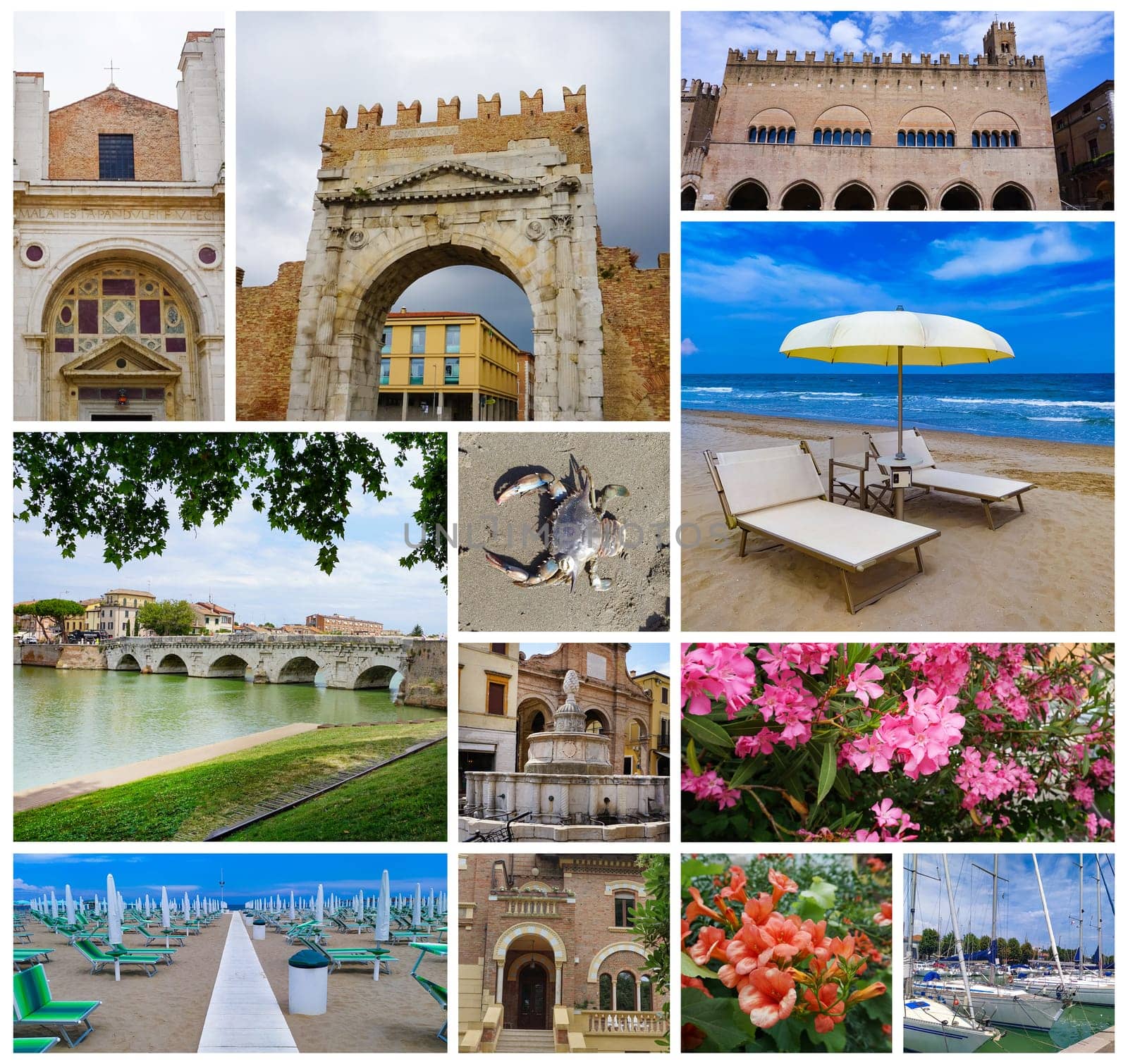 Rimini, Italy - collage n from old buildings of historical center in the italian city Rrimini.