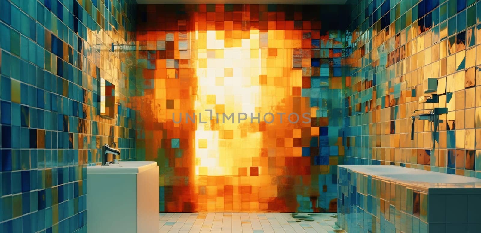 A contemporary bathroom features colorful tile walls and a bright, pixelated mural that adds a striking focal point to the space.
