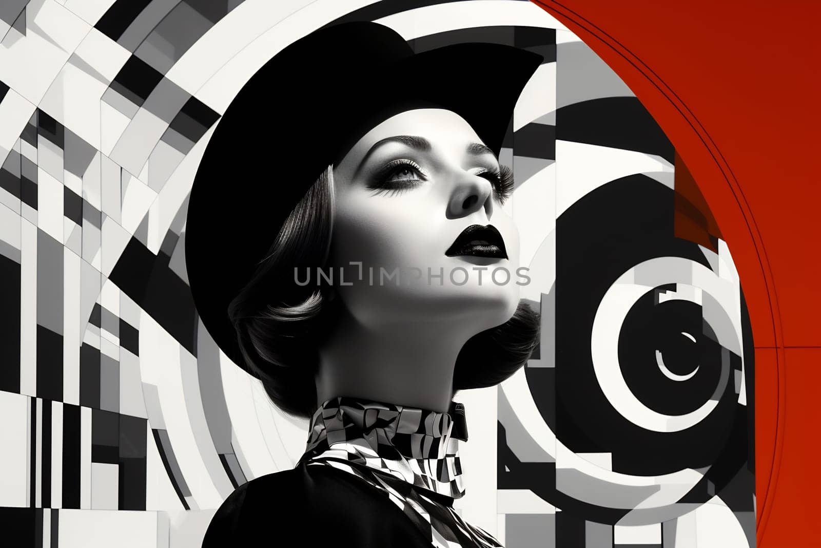 A woman in a stylish outfit poses confidently against a bold geometric backdrop. Her expression is powerful and sophisticated.