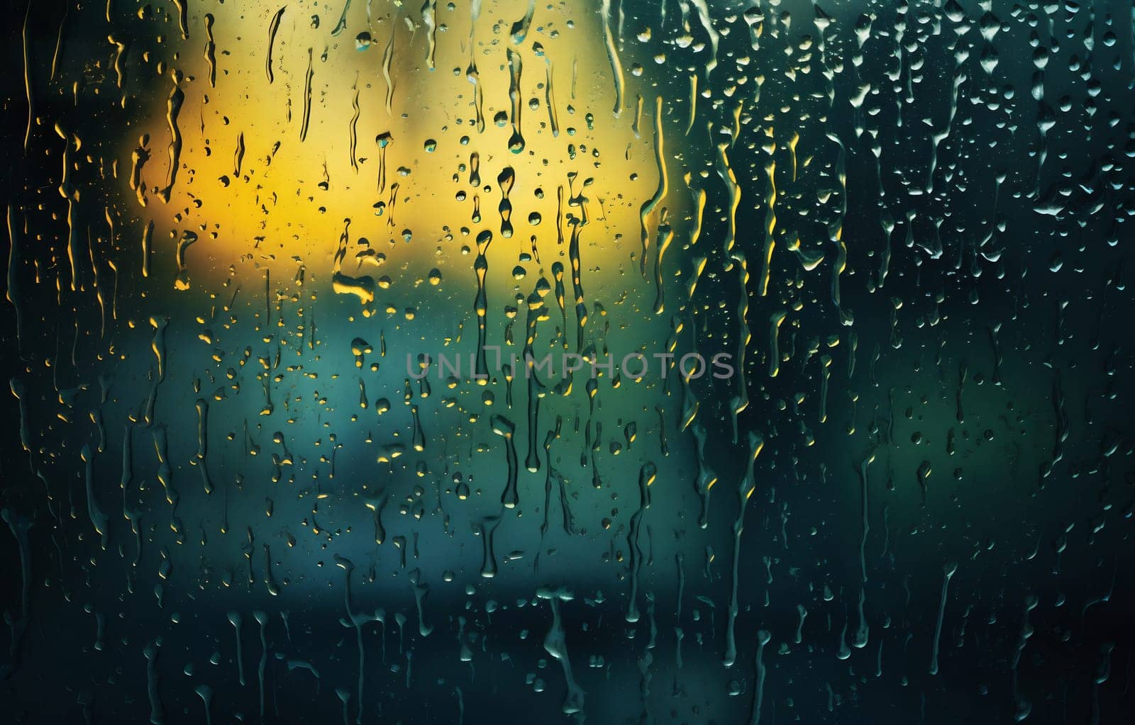 Water droplets cling to a window as the sun sets, creating a blurred background with vibrant colors and a soothing atmosphere.