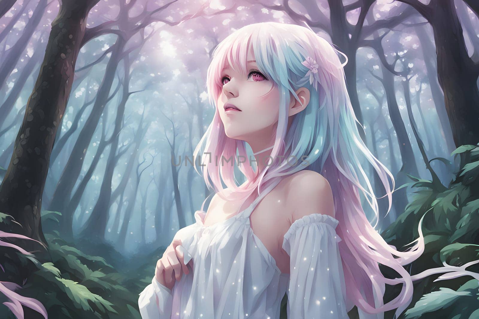 A young woman with pastel-colored hair stands in a mystical forest, gazing upwards. Soft light filters through the trees, illuminating her delicate features as she embraces the serene atmosphere. The whimsical surroundings create an enchanting backdrop, enhancing the magical moment.