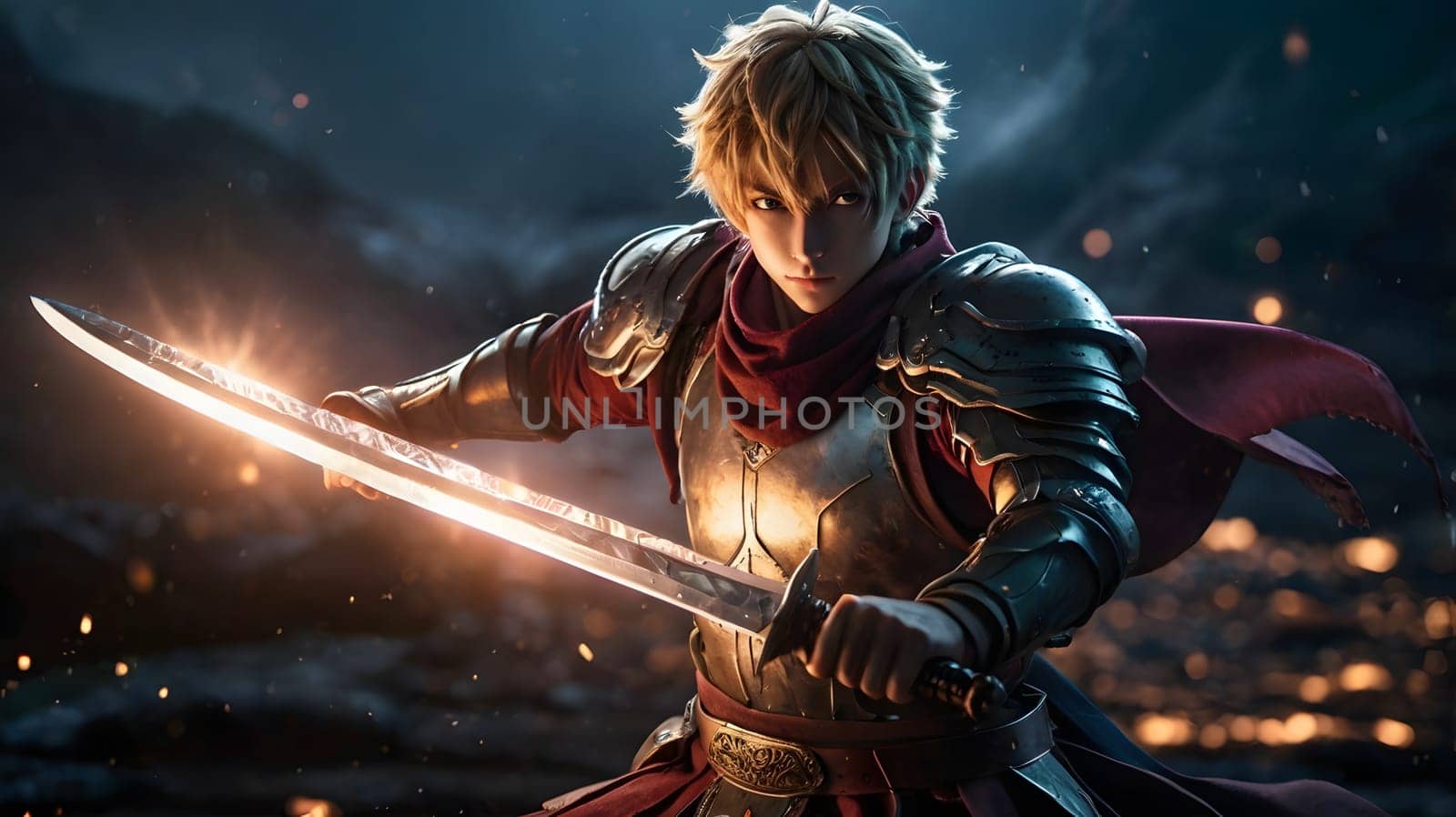 A skilled warrior stands poised in a mystical landscape, gripping a glowing sword. The warm light illuminates his armor, highlighting intricate details. Dark clouds loom overhead, while embers float in the air, creating an intense atmosphere as the warrior prepares for battle.
