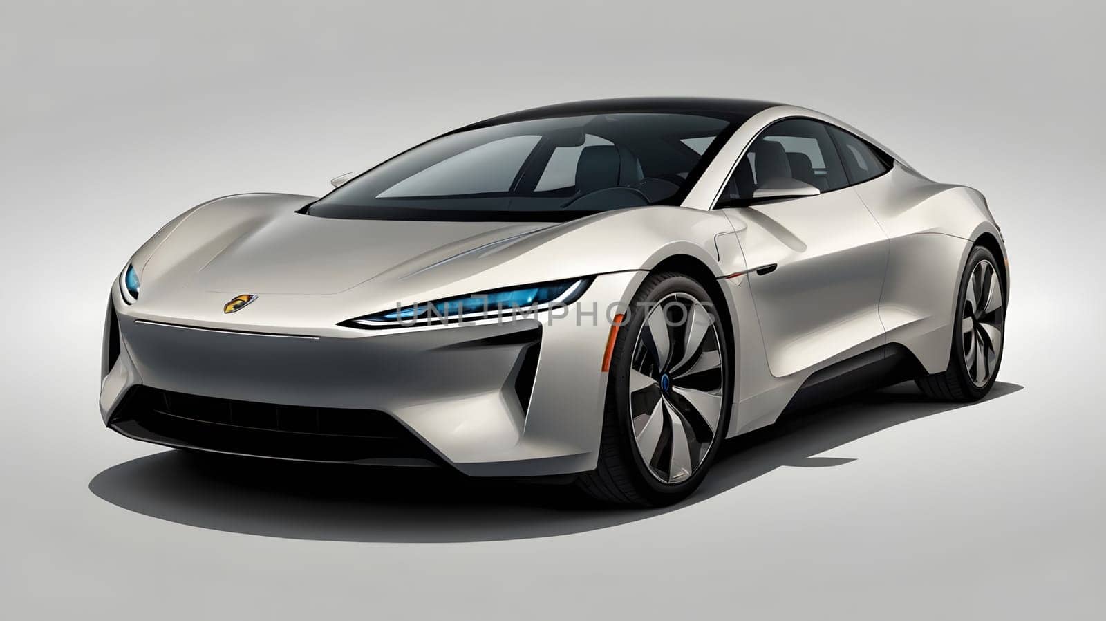A futuristic electric car is prominently displayed in a modern studio environment, highlighting its sleek lines and innovative design features. The car's streamlined body and striking blue headlights create a captivating visual appeal, showcasing the evolution of automotive technology.