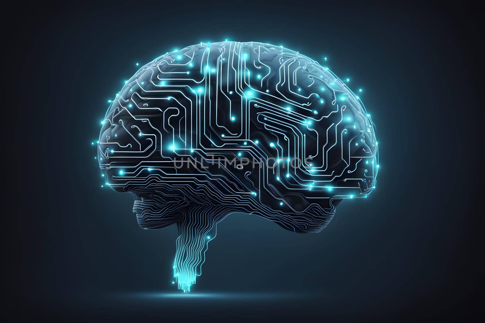 A conceptual representation of a brain designed with intricate circuit patterns and luminous elements. The artwork highlights the fusion of technology and human intellect, showcasing vibrant blue lights and a sleek, modern aesthetic that symbolizes advanced artificial intelligence.