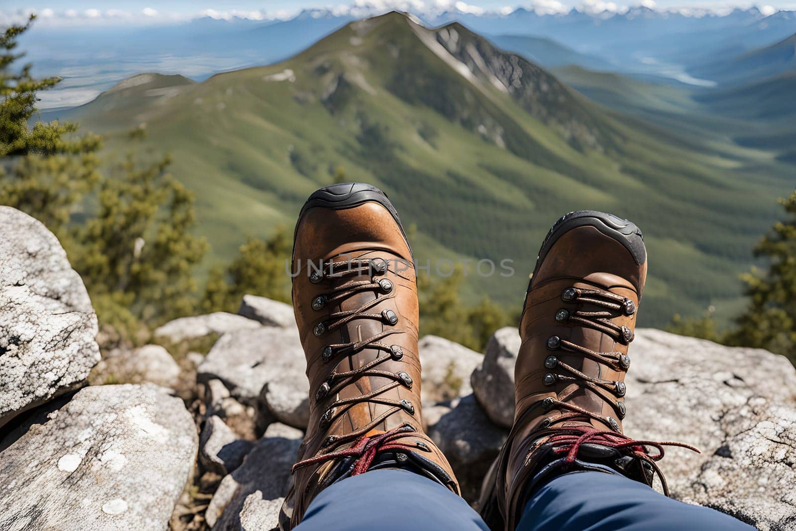 A pair of rugged hiking boots rests atop a rocky outcrop with a breathtaking view of rolling green mountains under a clear blue sky. The scene captures the essence of adventure and nature.