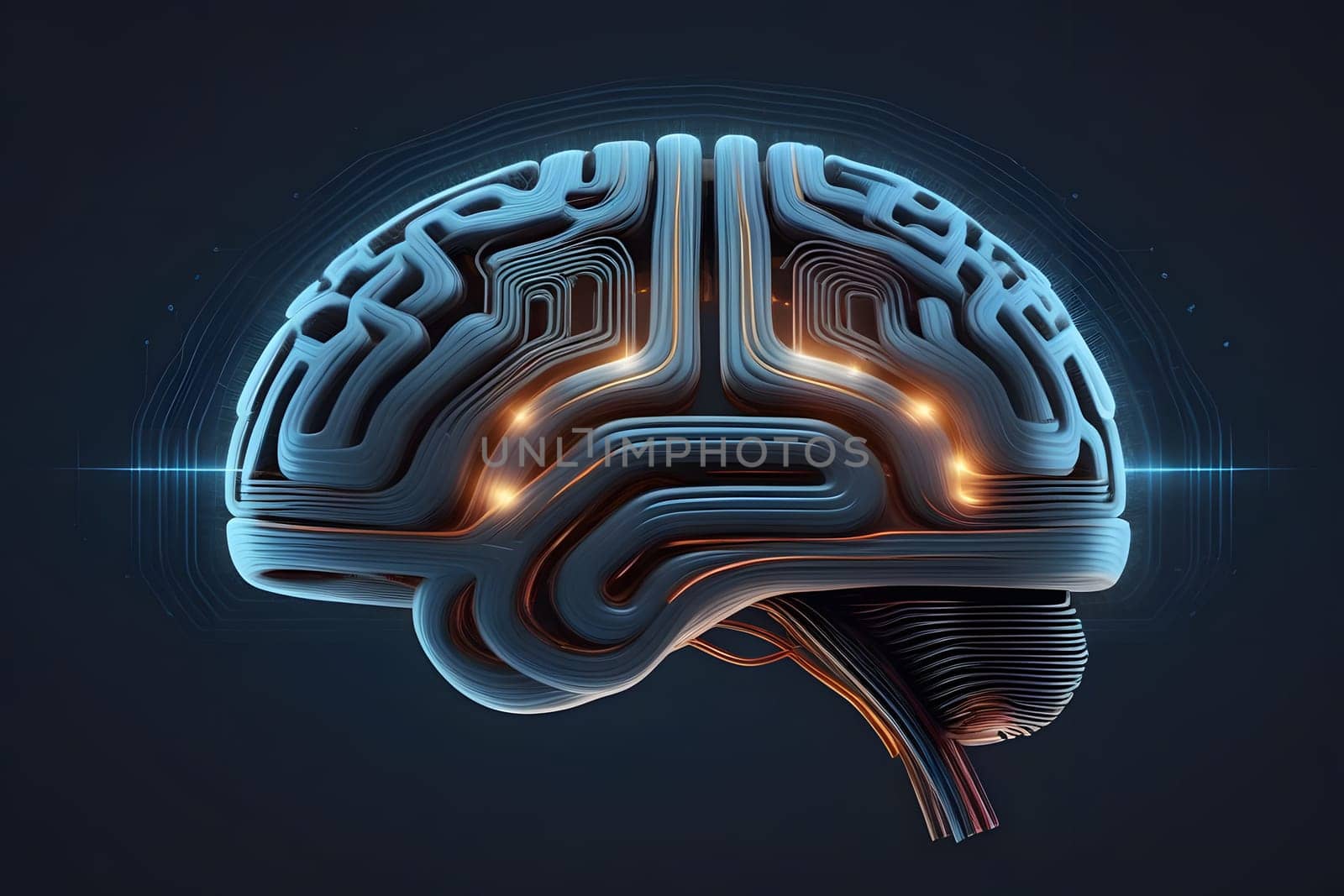 An abstract representation of a brain showcases intricate neural circuitry illuminated with glowing lines. This visualization highlights the complexity of brain functions, suggesting advanced cognitive processes and connections within the mind.