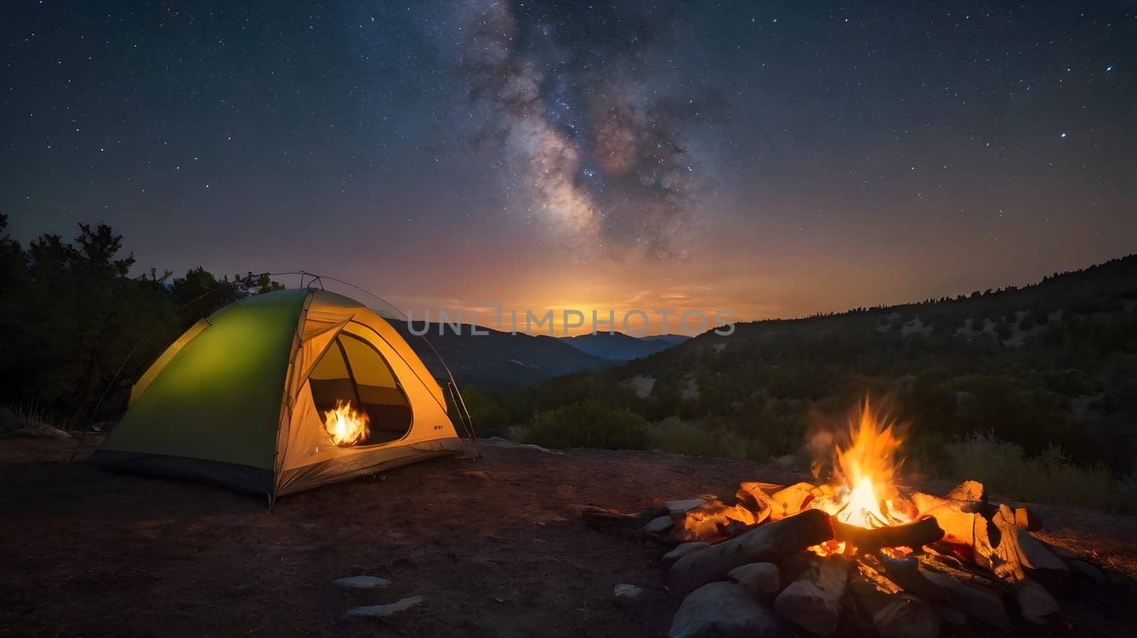 A bright green tent sits near a crackling campfire in a serene mountain landscape. The night sky is illuminated by countless stars and the Milky Way stretches across, creating a breathtaking view. This tranquil outdoor setting invites relaxation and a connection with nature.