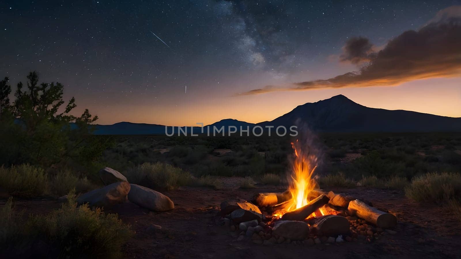 A warm campfire flickers brightly in the foreground as the night sky reveals countless stars above. Majestic mountains outline the horizon, while the soft glow of twilight casts a serene atmosphere over the landscape, inviting tranquility and reflection.