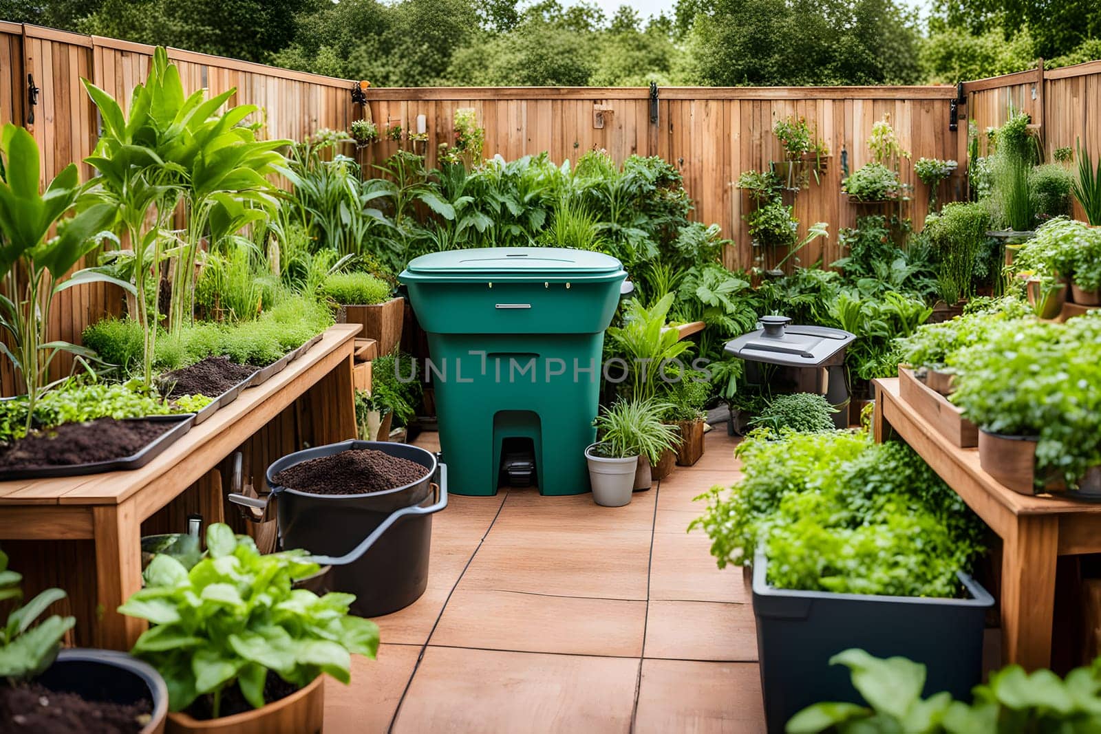This vibrant garden features numerous plants and herbs growing in containers, showcasing a well-organized layout. The area is enclosed by wooden panels, creating a serene environment for gardening enthusiasts to cultivate their favorite greens.