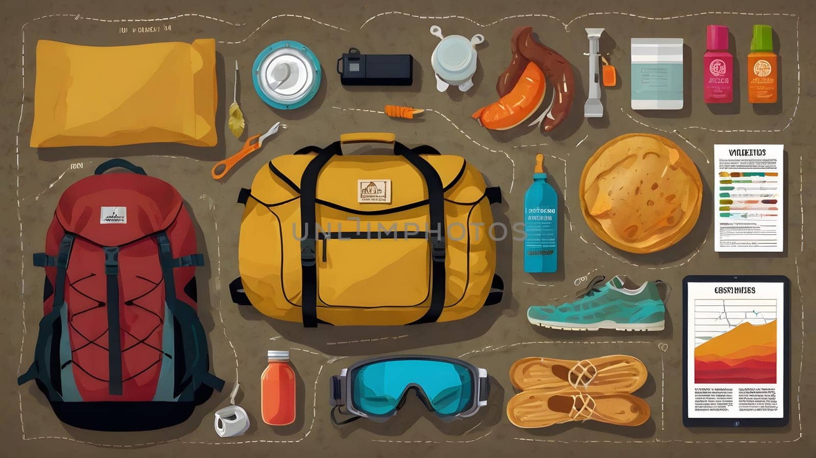 A collection of essential camping and hiking gear is displayed, including backpacks, water bottles, snacks, tools, and personal care items. This setup showcases everything needed for a successful outdoor excursion, emphasizing practical essentials for comfort and safety.