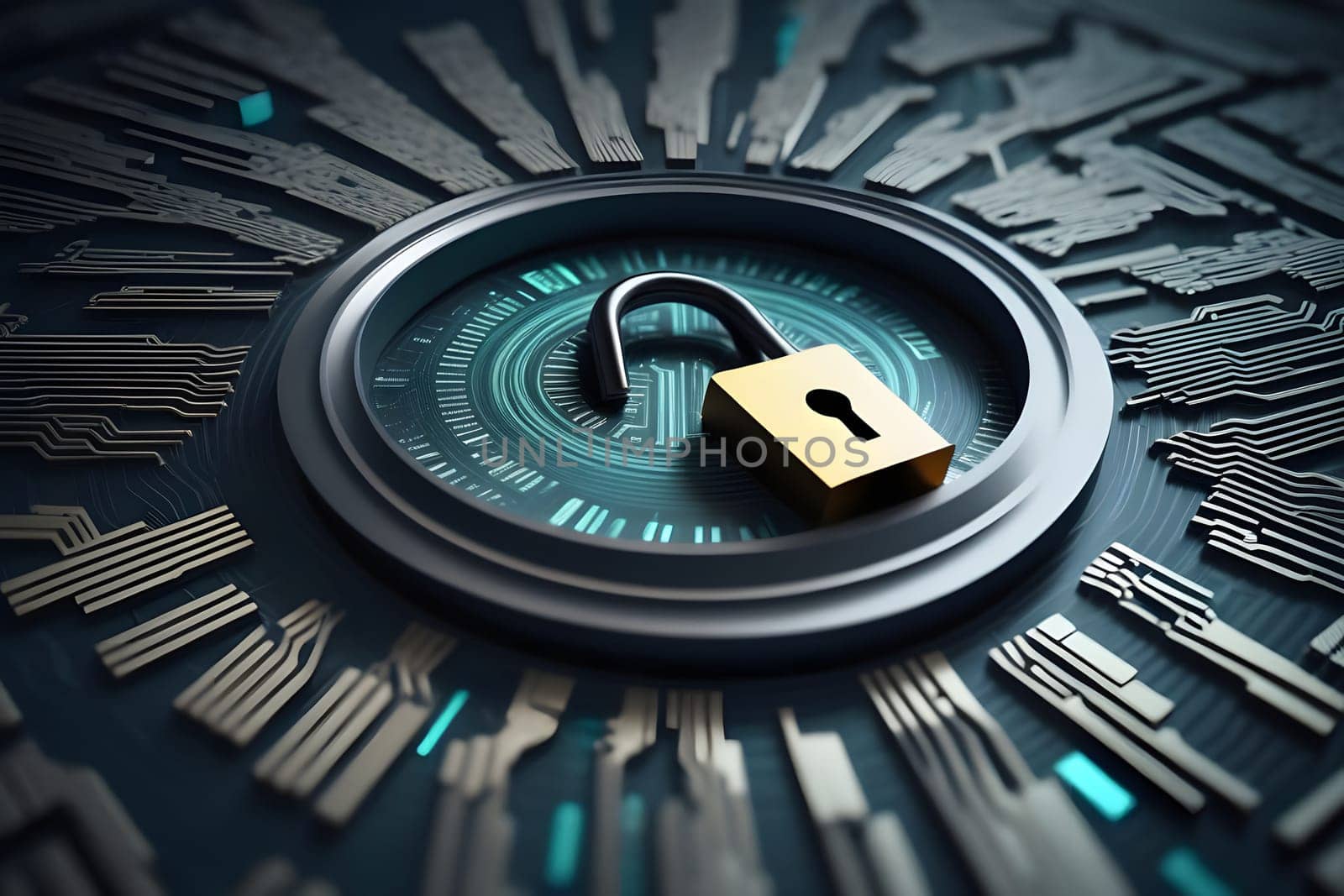 A golden padlock is prominently placed at the center of a circular circuit board design. The intricate patterns and glowing elements around the lock suggest a modern technological theme, symbolizing data security and protection in a digital landscape.