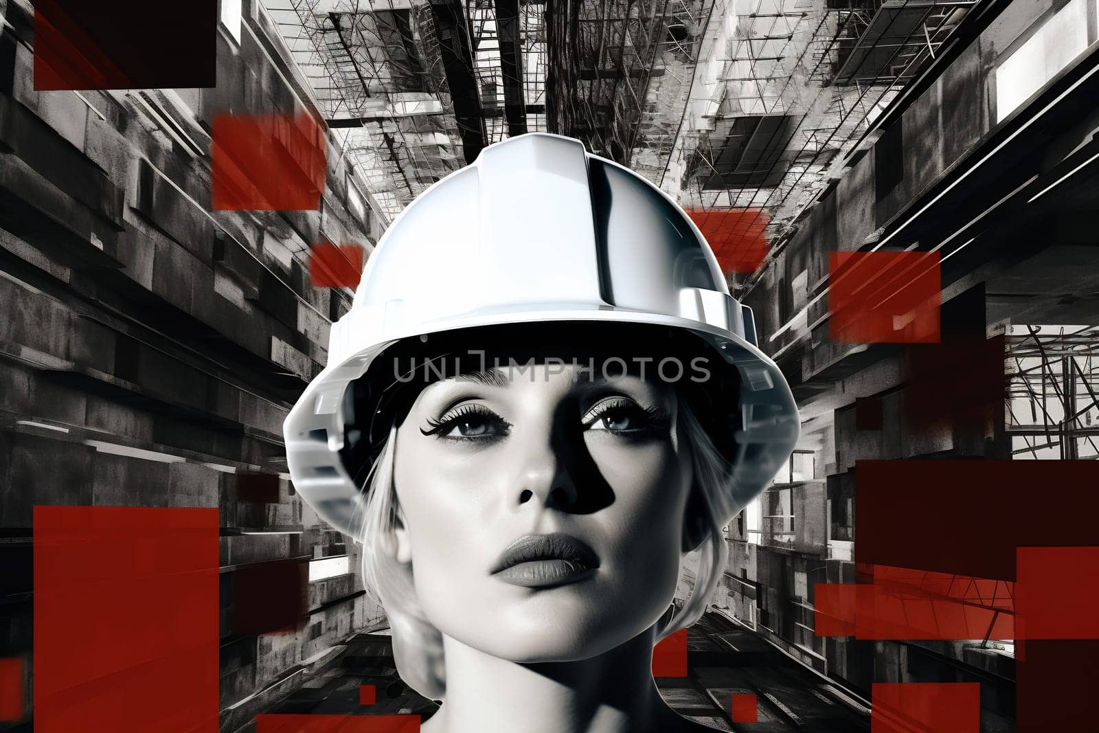 A confident woman wearing a hard hat stands in a construction zone with a modern, abstract background, showcasing strength and determination.