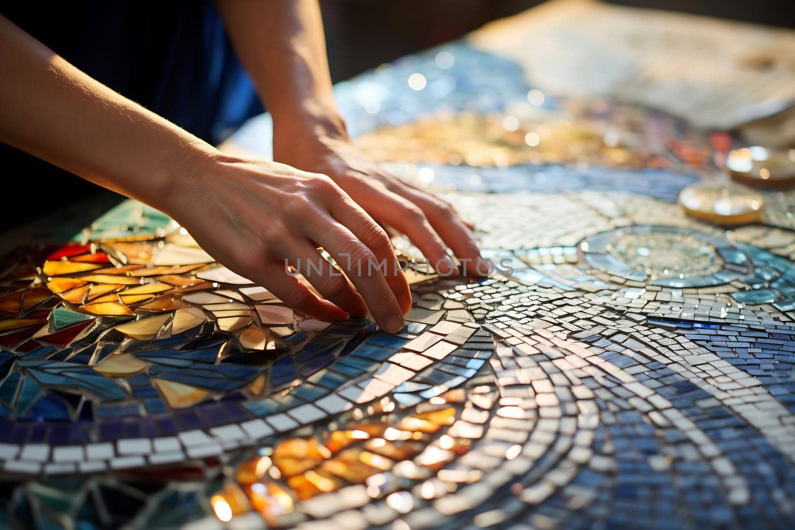 A person is carefully placing colorful tiles on a mosaic, showcasing artistic skill and creativity in a bright workspace.