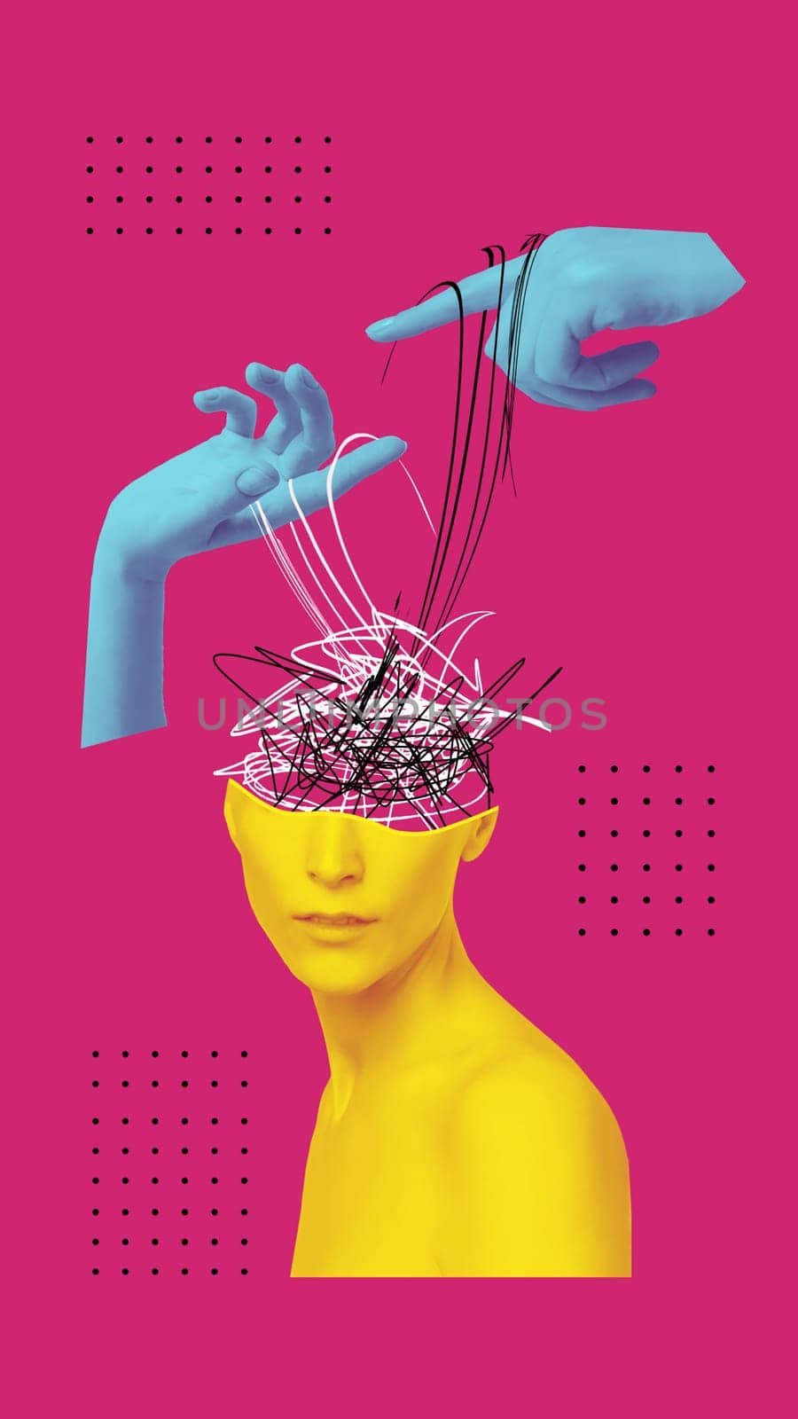 Abstract human brain and human hands, drawn style. Creative idea symbol, art design or collage isolated on pink background. Mental Health concept