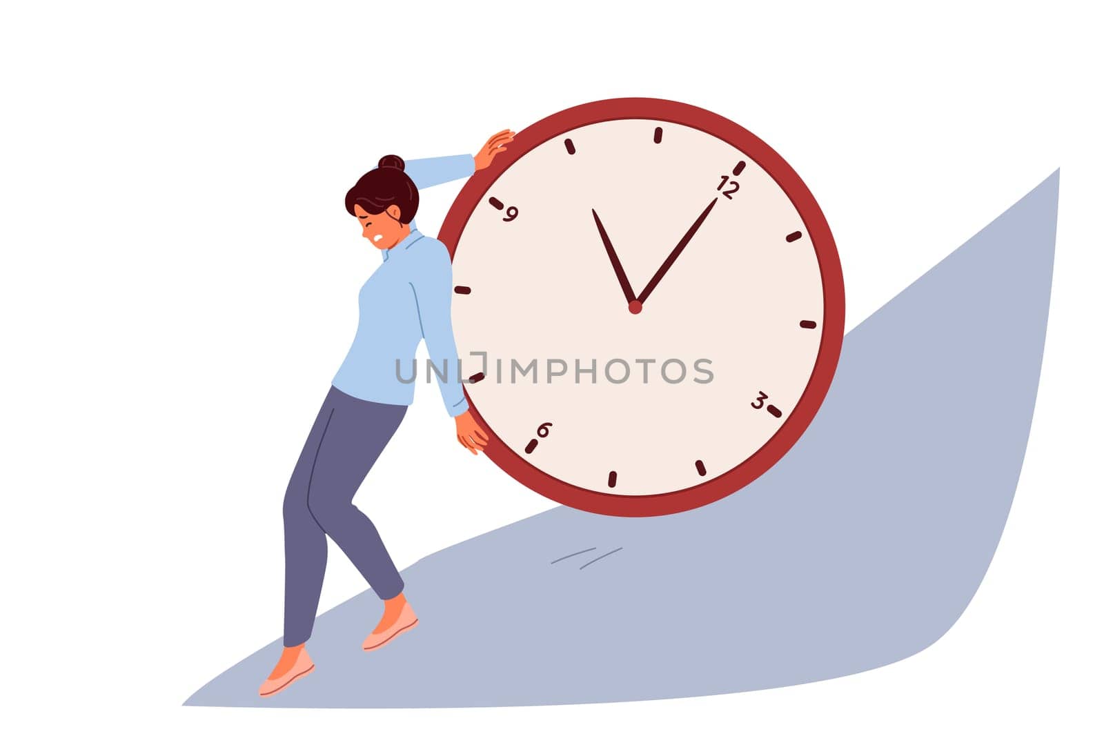 Deadlines put pressure on business woman trying to stop time, holding back big watch rolling down mountain. Problem of deadlines for businesswoman who wants to prevent violations of agreed plan