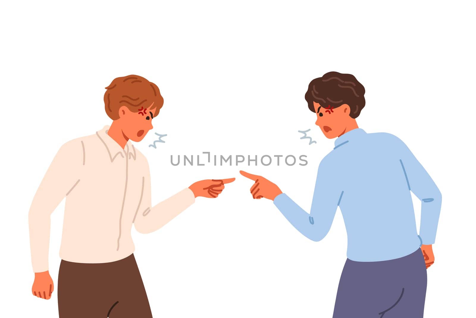 Quarrel between office clerks finding out reasons for company low profits and shouting or pointing fingers at competitor. Two business men quarreling after breaking partnership agreement