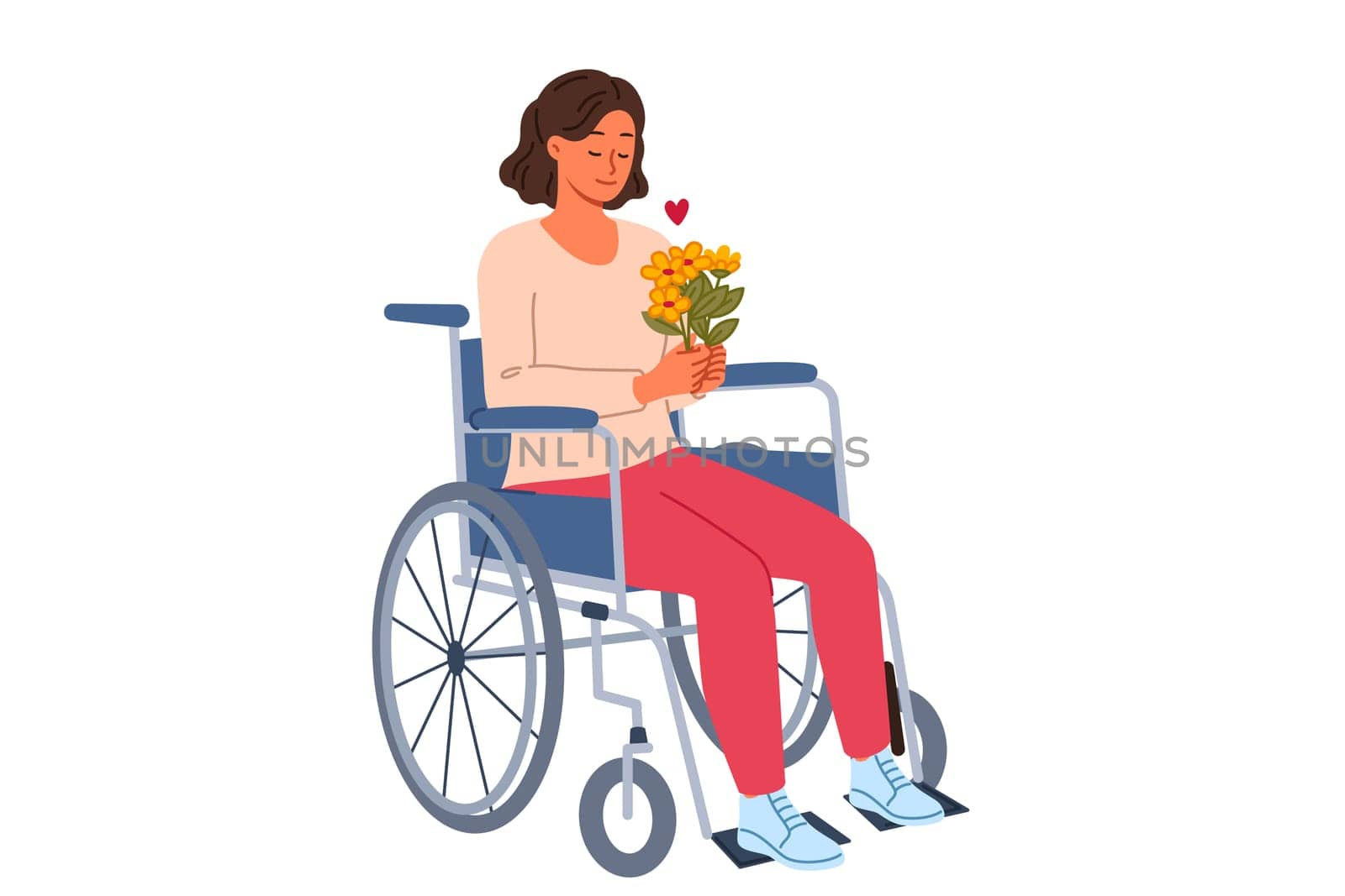 Woman sits in wheelchair holding bouquet of flowers in hands and rejoicing at receiving gift. Happy life to disabled girl using wheelchair, thanks to strength of spirit and support of friends