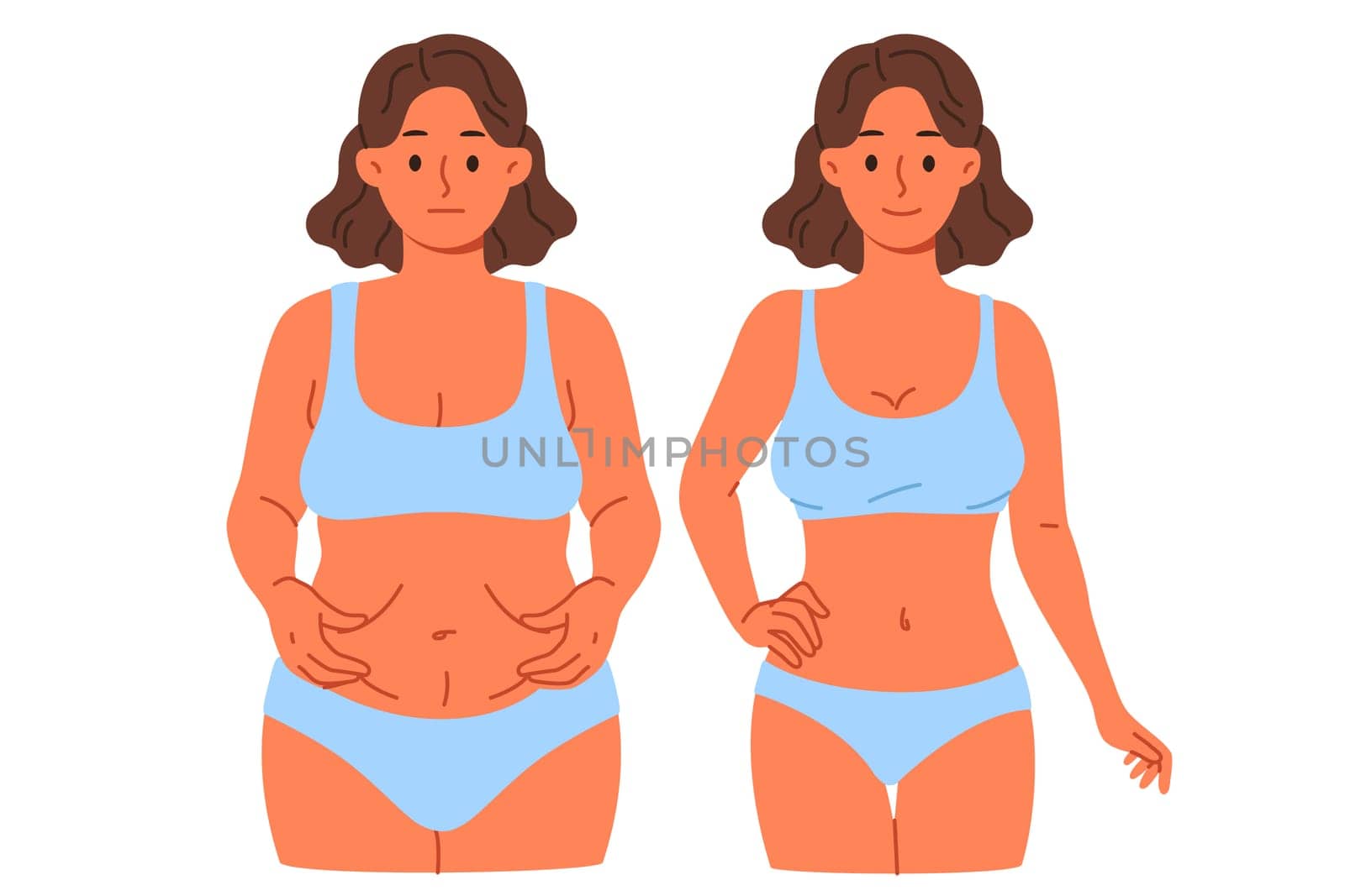 Thinner woman compares result before and after using new diet or joining fitness club with personal trainer. Thinner girl in swimsuit shows off excellent effect of liposuction done by surgeon