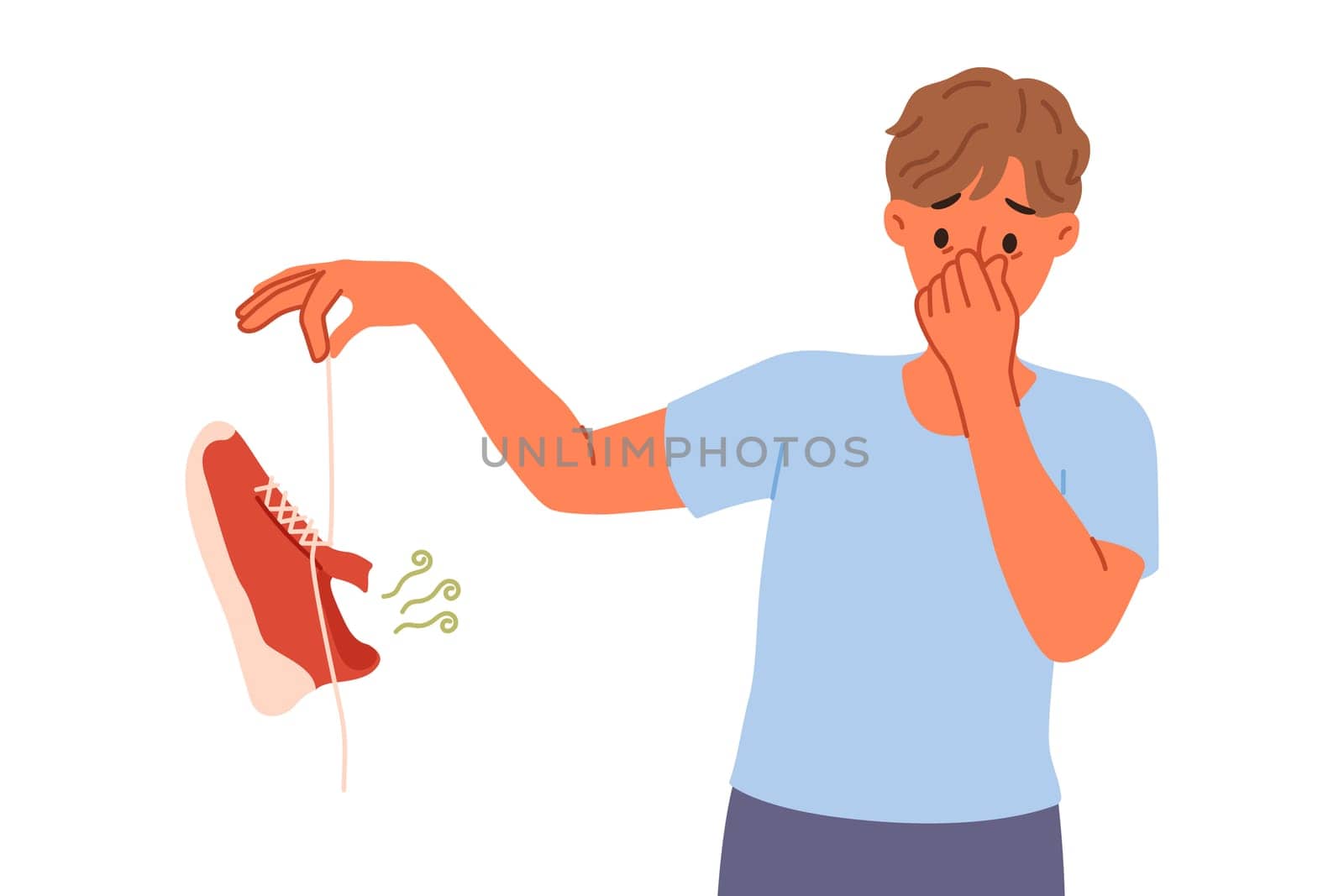 Man suffers from onychomycosis and stinky feet, covers nose with hands and holds stinky shoe. Problem onychomycosis in young man requiring anti-inflammatory drugs for feet and nails