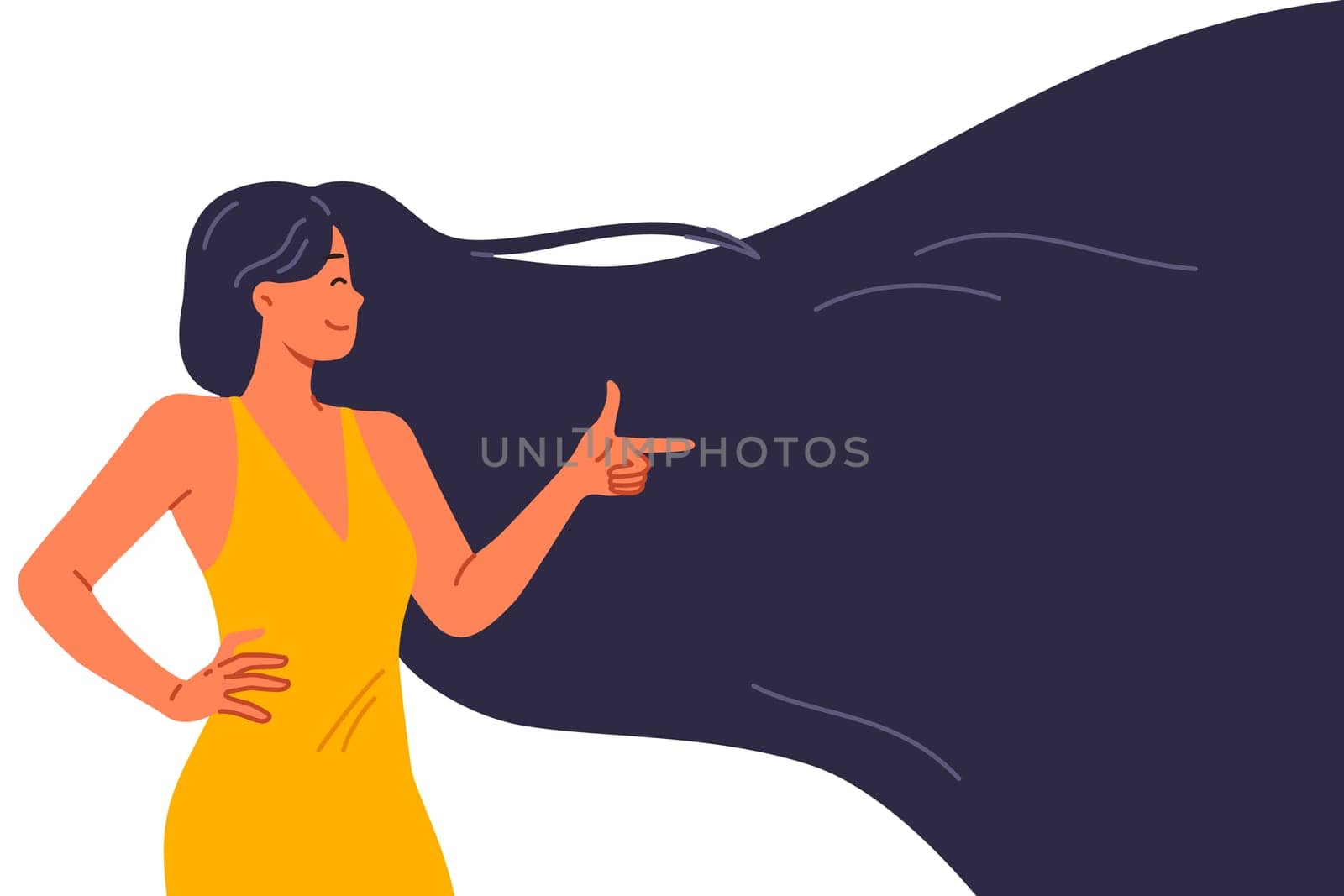 Woman with beautiful smooth hair recommends shampoo for getting perfect hairstyle and points finger to side. Girl is proud of hair health achieved thanks to high-quality shower and hygiene products
