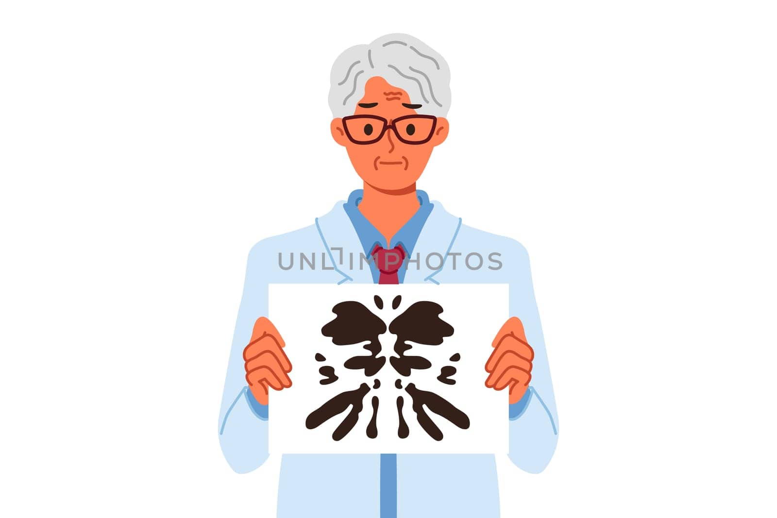 Psychotherapist uses rorschach test to check person mental health and identify mental problems. Gray-haired business man with rorschach test to check adequacy of candidate for vacant position
