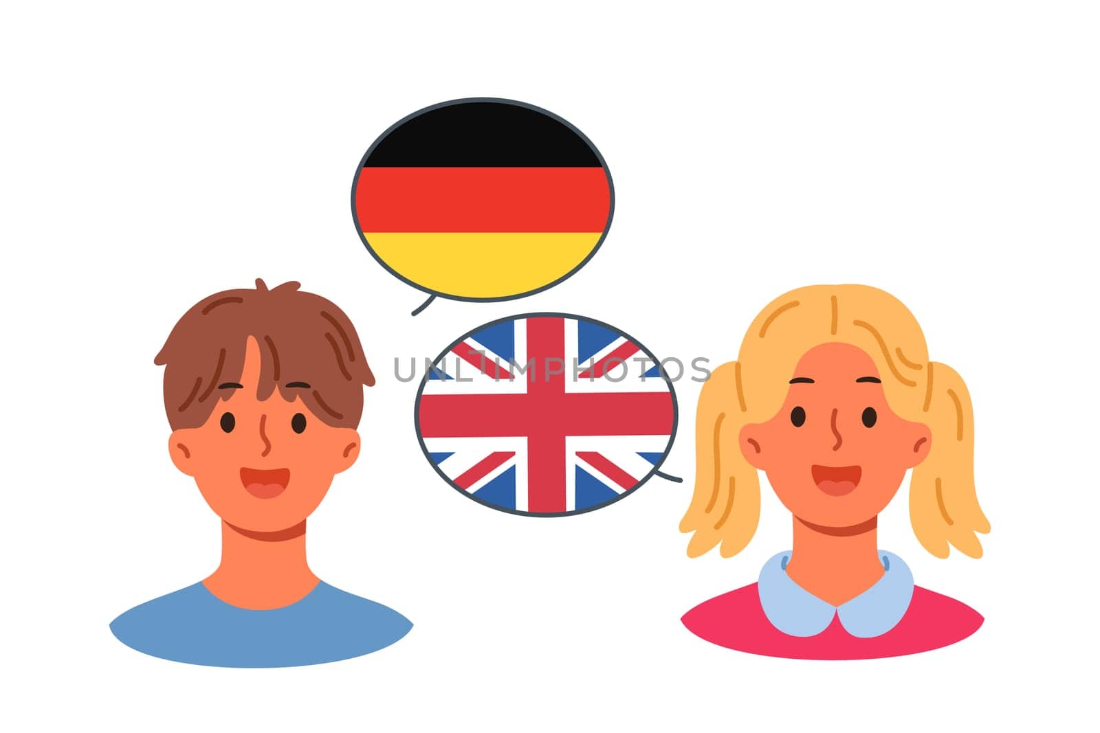 Multilingual communication of children communicating thanks to knowledge of english and german. Multilingual boy and girl use words from different cultures to share experiences with peers