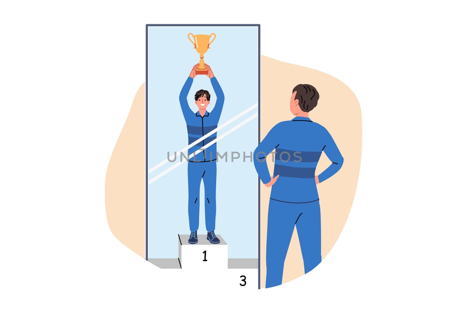 Man visualizes victory by standing in front of mirror and imagining leader gold cup. Guy dreams of receiving award and achieving leader position in sports, thanks to motivation and ambition