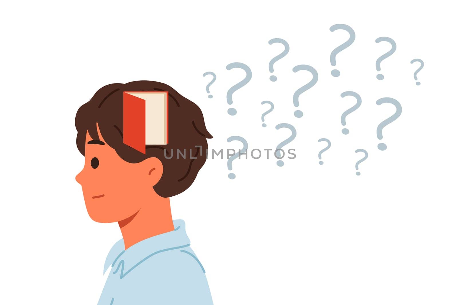 Memory problems in man standing near question marks with open door in head, symbolizing alzheimer disease. Guy experiences memory problems and suffers from onset of scoliosis and dementia at young age