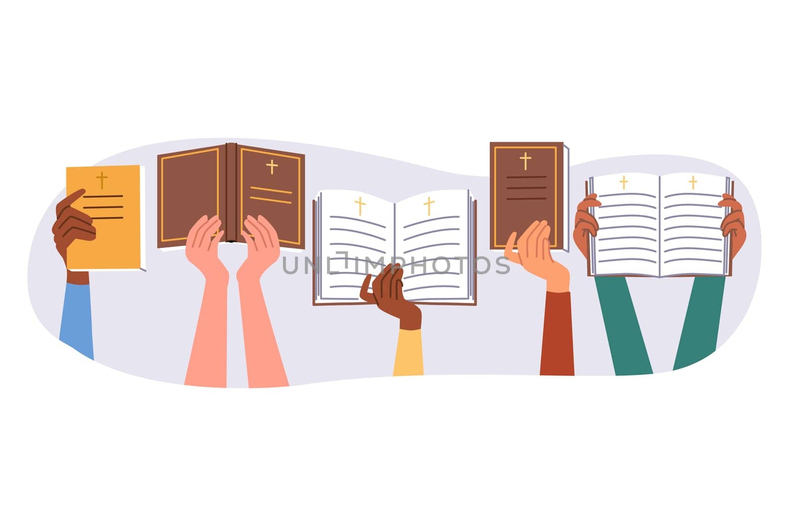 People hold bible and holy books from christian religious library, describing life of prophets or jesus. Bible and gospel for studying rules of catholicism or orthodoxy and correct worship of gods