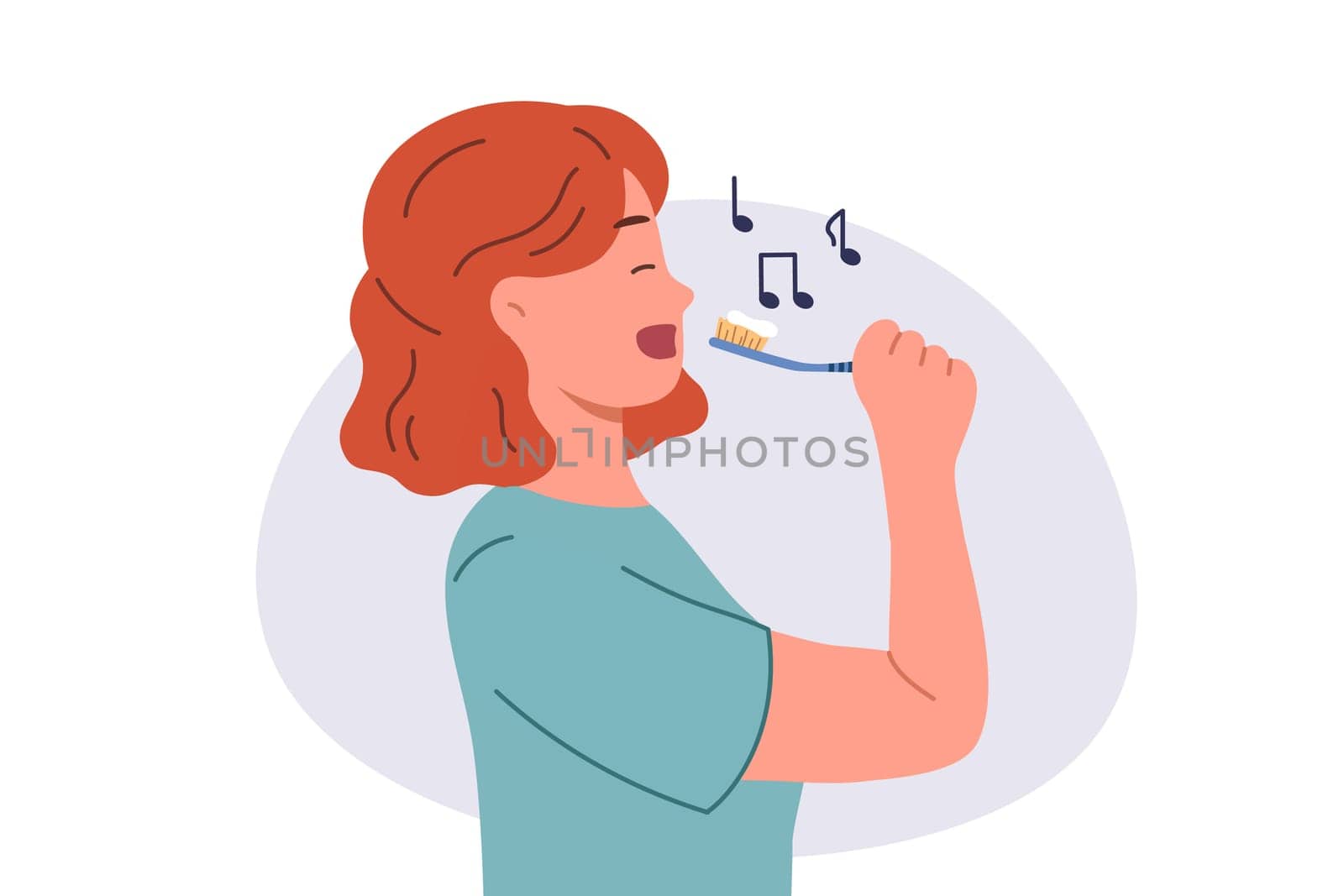 Teenage girl brushes teeth during morning wash and sings songs enjoying process of healing oral cavity. Cheerful woman brushes teeth to prevent caries and get rid of bad breath left after eating.