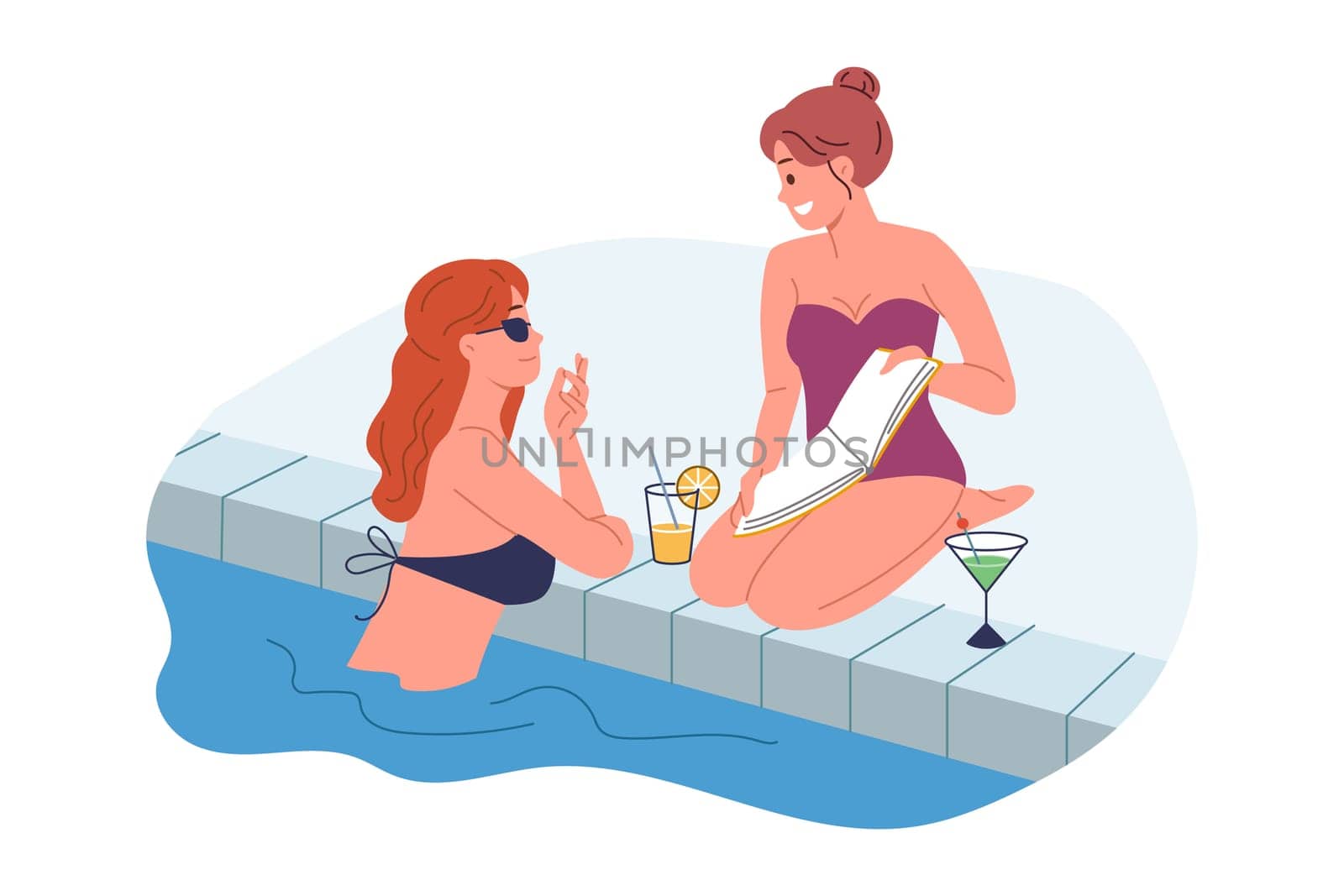 Woman swims in pool and drinks cocktail and talking to sunbathing friend sitting on dry land. Two girls friends relax in hotel on sunny islands and enjoy SPA treatments in pool on summer weekend