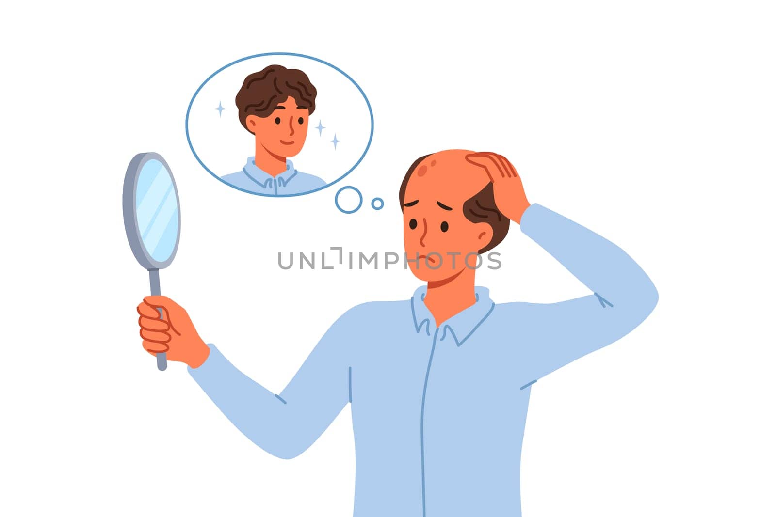 Problem of baldness in man looking in mirror and remembering presence of beautiful hair. Guy suffers from baldness due to poor genetics or insufficient intake of vitamins for body.