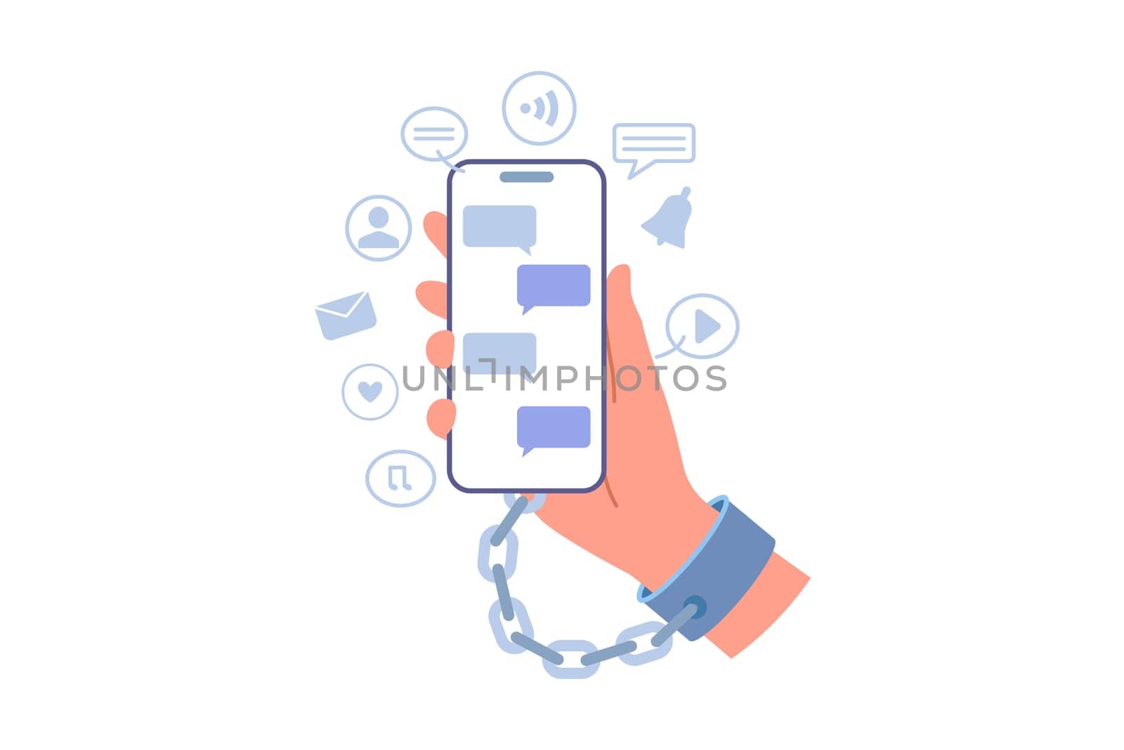 Nomophobia in person, chained to phone due to fear of parting with mobile gadget with social networking applications. Digital addiction and nomophobia in smartphone user addicted to online services