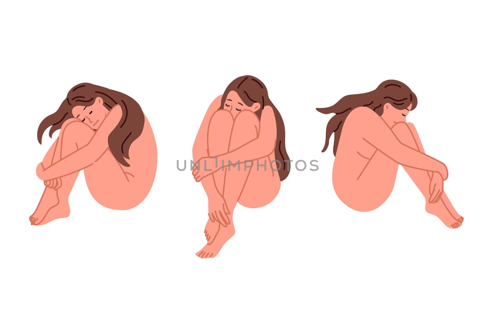 Depression and apathy in girl sitting without clothes and experiencing stress caused by breaking with boyfriend. Suffering from apathy in defenseless woman with mental health problems