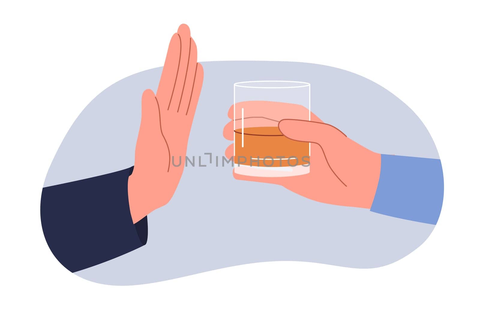 Refusal from alcohol is demonstrated by man hand, near glass of whiskey or liqueur, which causes intoxication and addiction. Person says stop alcohol beverages trying to stop drinking cognac