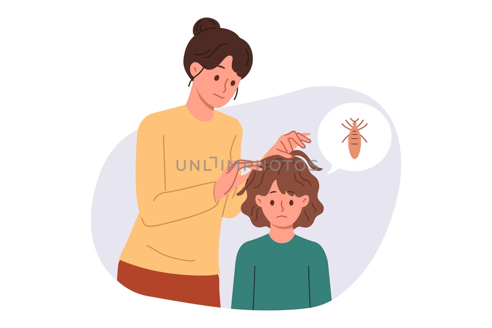 Mother is looking for lice in hair of child is upset due to infection with pediculosis and spread of parasites. Caring mom is worried about spread of lice in children who neglect hygiene rules.
