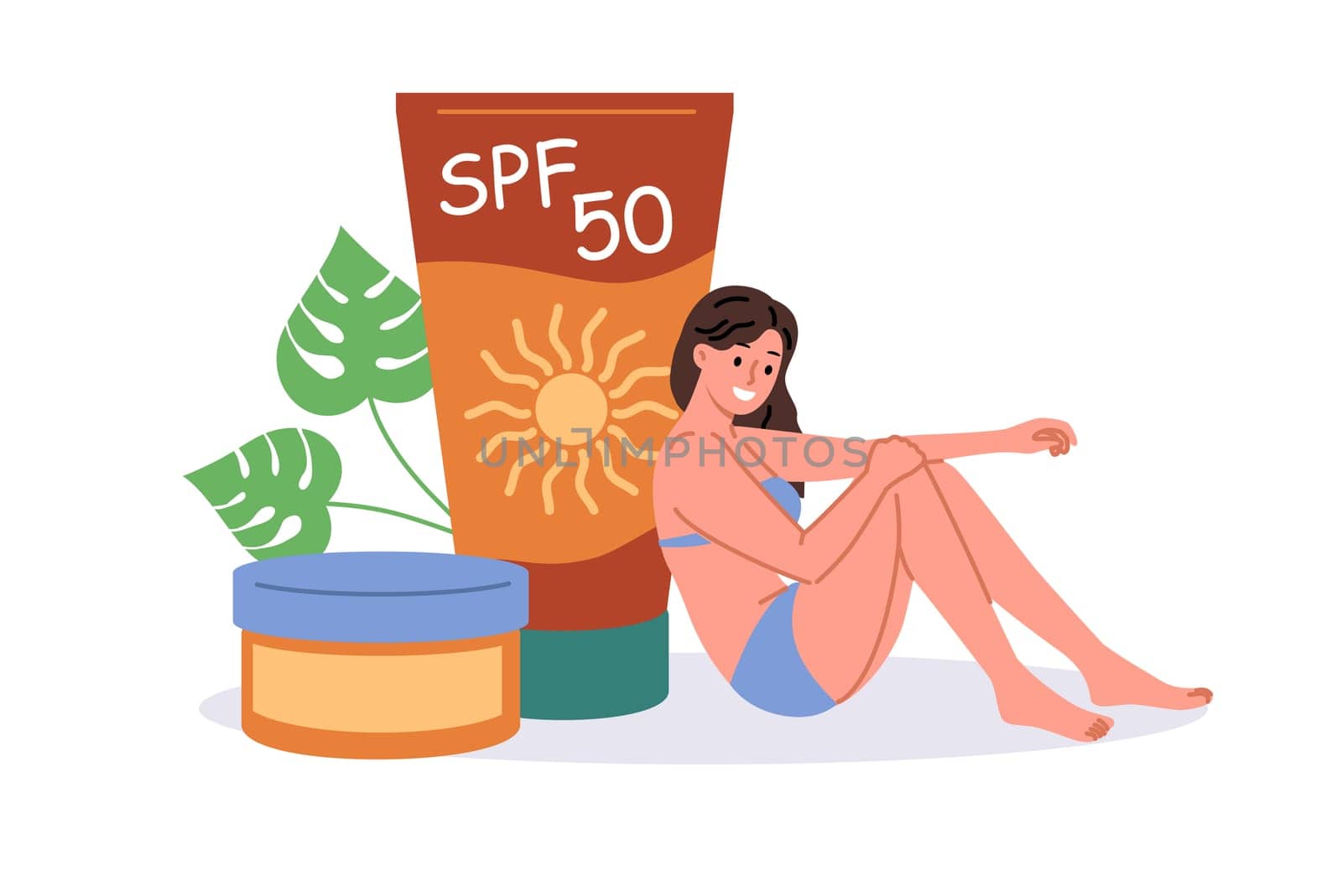 Woman uses SPF cream to prevent effects of ultraviolet radiation on skin, dressed in bikini to visit beach. SPF 50 gel for protection from direct sunlight and excessive tanning that worsens health