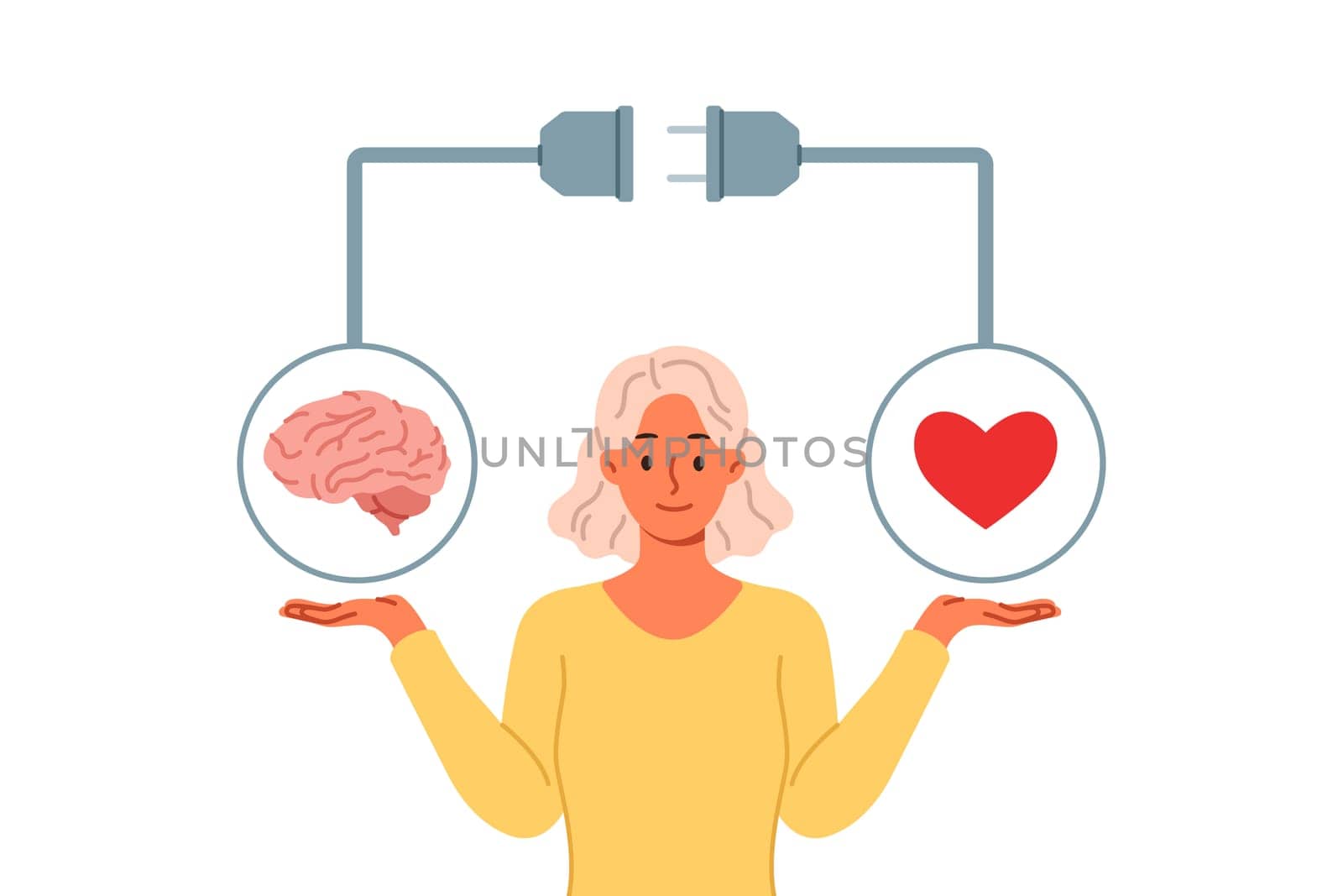 Woman tries to achieve balance between feelings and intellect by holding symbols of heart and brain in hands. Positive girl maintains life balance or harmony to avoid personality destruction