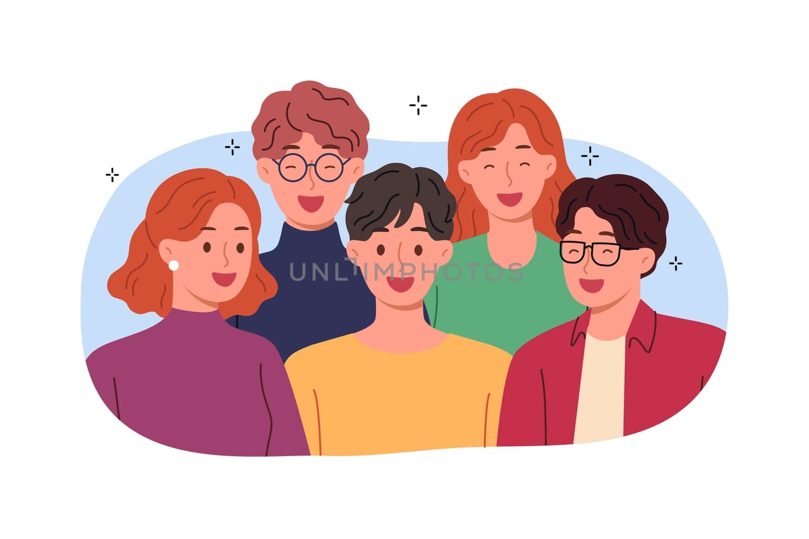 Laughing people students pose together for joint portrait, dressed in casual clothes. Satisfied laughing men and women smile, rejoicing at meeting and opportunity to chat with friends