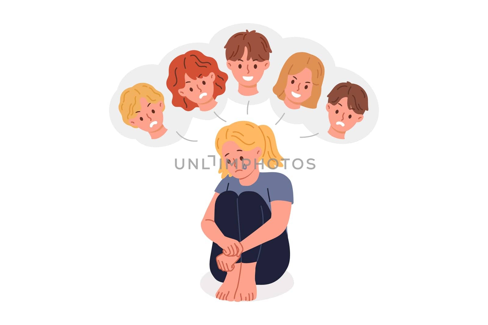 Bullying and shaming from classmates causes depression in little girl from elementary school, needs protection of adults. Child suffers from bad friends use shaming to assert themselves