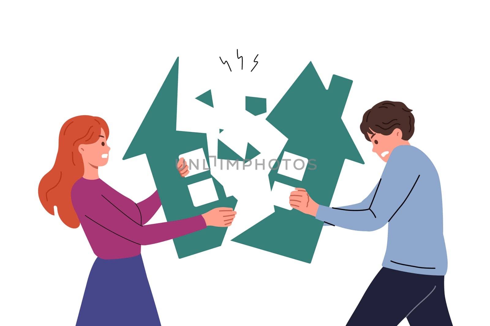 Ex-spouses divide property during divorce, breaking house in half and destroying jointly acquired capital. Difficult divorce for married couple, due to betrayal of one of partners or instability