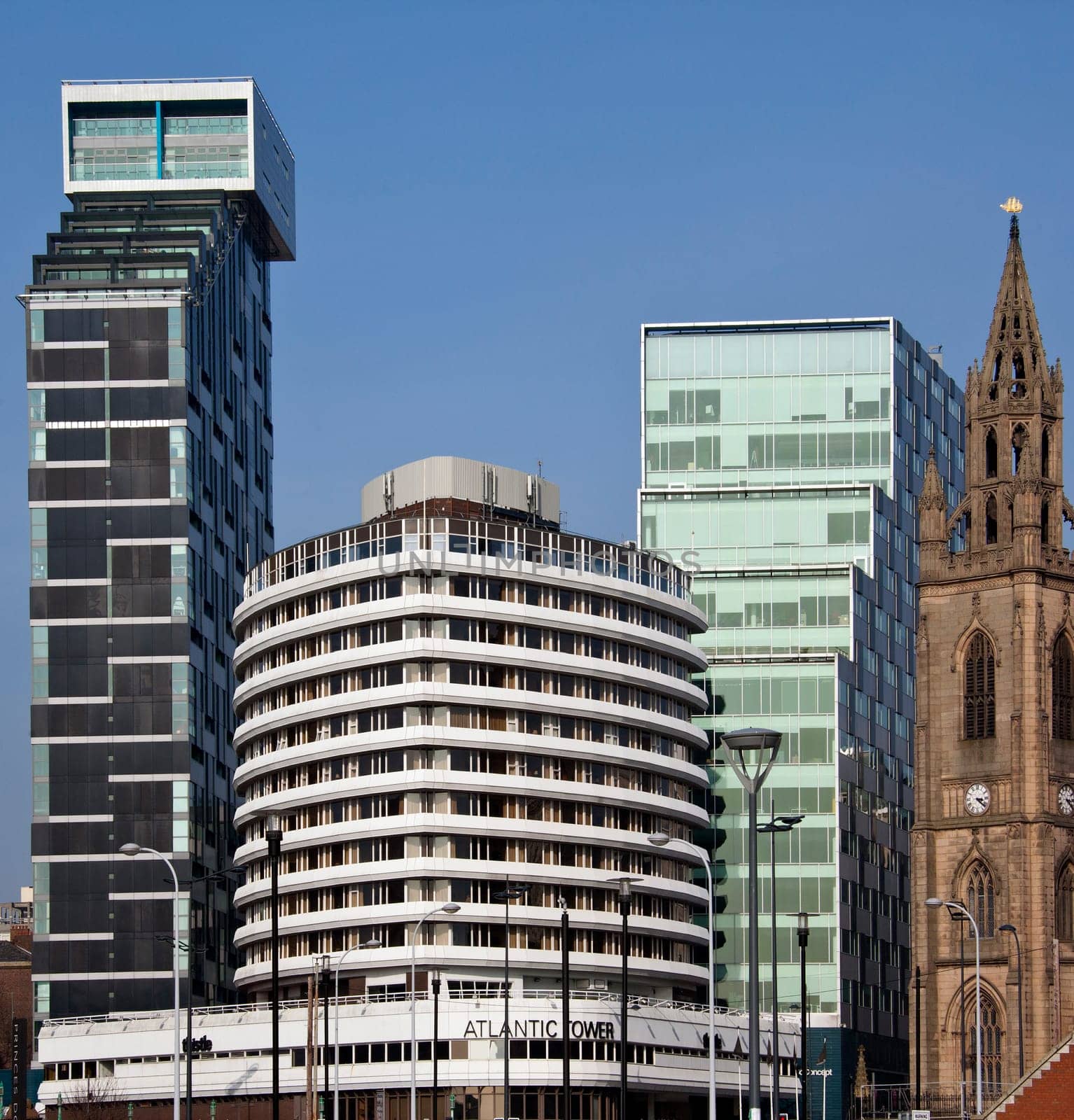 A mix of old and modern architecture in the city of Liverpool in northwest England in the United Kingdom.