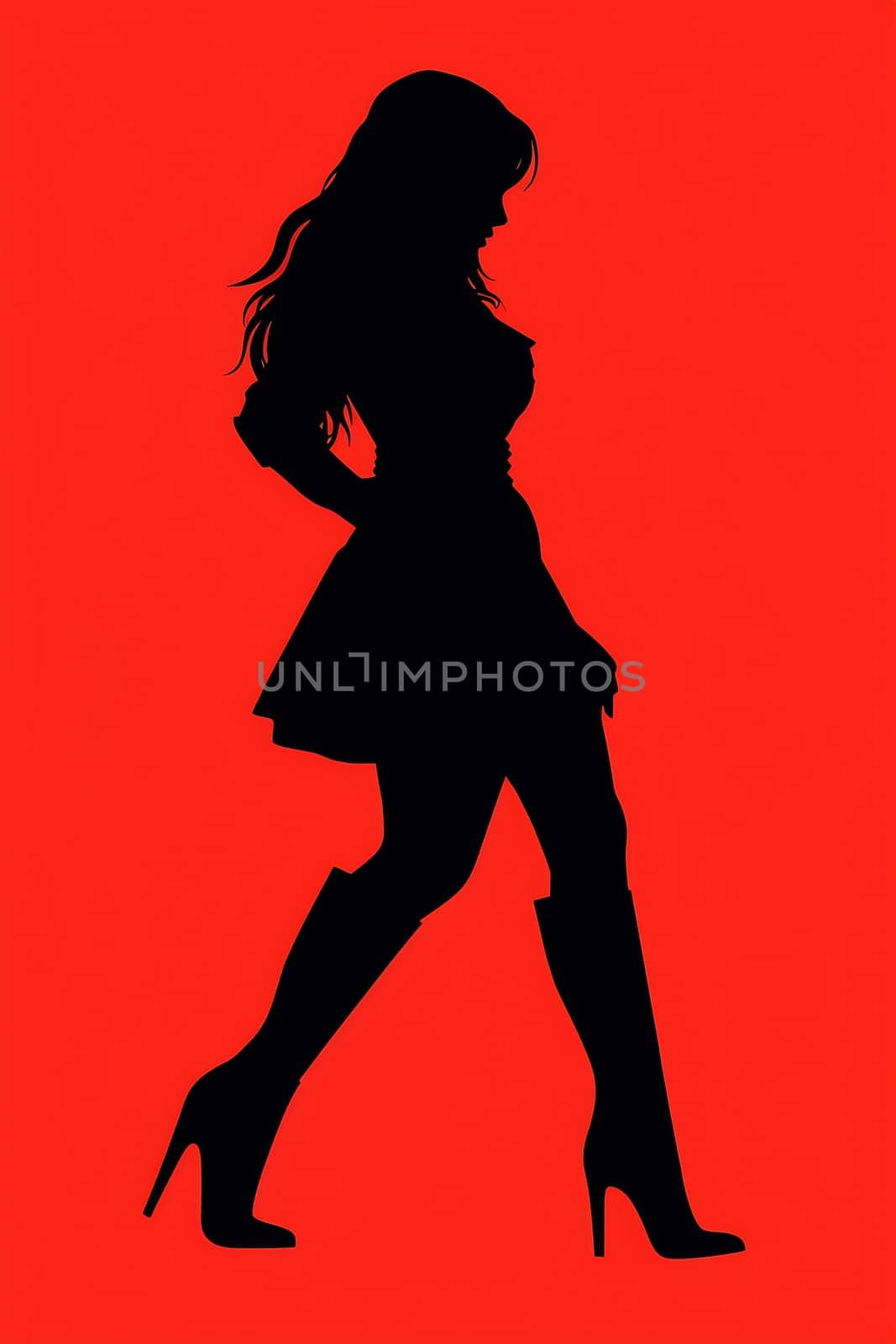 A fashionable woman walks confidently in high heels and a short dress against a vivid red background, showcasing elegance and style.