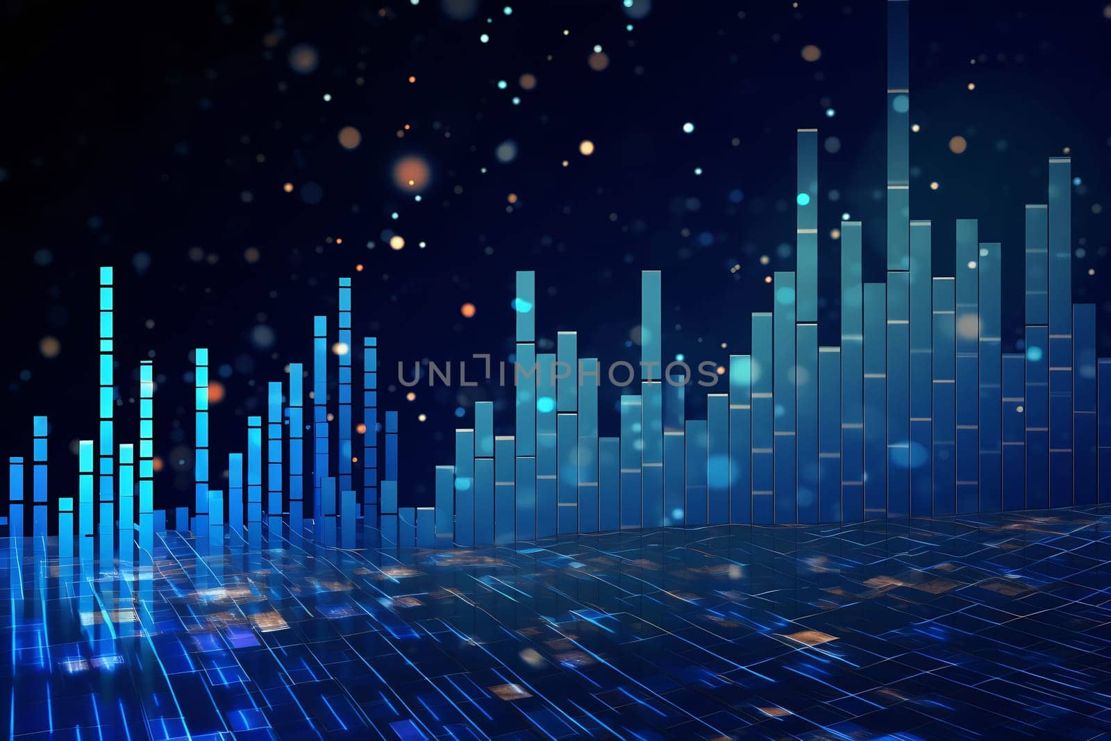 Bright blue bars rise and fall against a dark background, creating a dynamic representation of sound waves with shimmering effects.