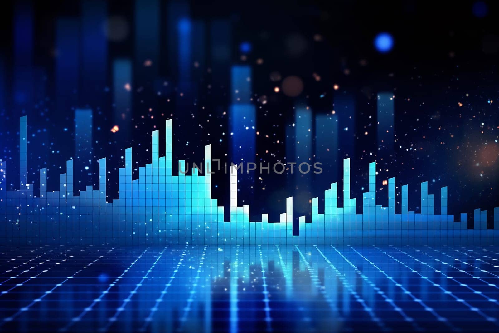 Bright blue sound wave visualizations emerge on a dark background, creating a mesmerizing effect. Light patterns enhance the scene.