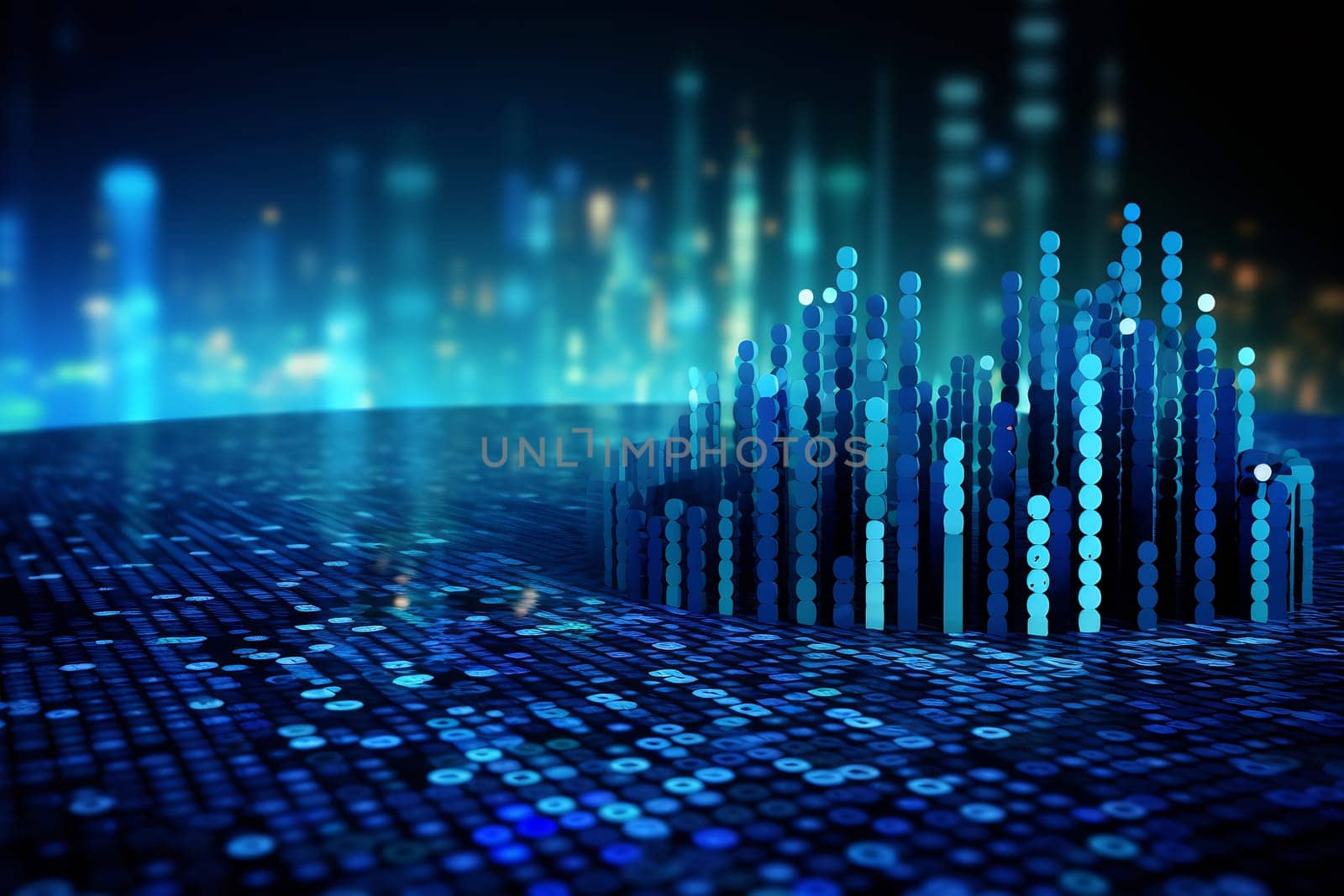 Colorful bars rise from a digital landscape, showcasing data analysis with a futuristic urban backdrop in a blue color scheme.